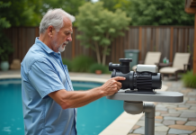 Chlore choc : combien de temps faire tourner la pompe pour un traitement optimal ? Homme d'âge moyen vérifiant la pompe de piscine extérieure