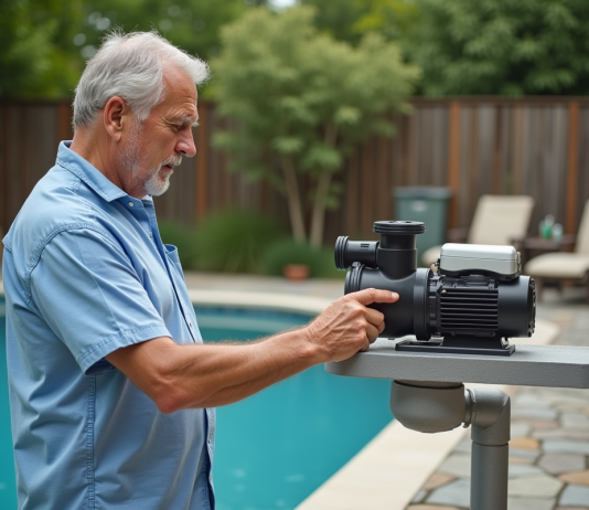Chlore choc : combien de temps faire tourner la pompe pour un traitement optimal ? Homme d'âge moyen vérifiant la pompe de piscine extérieure