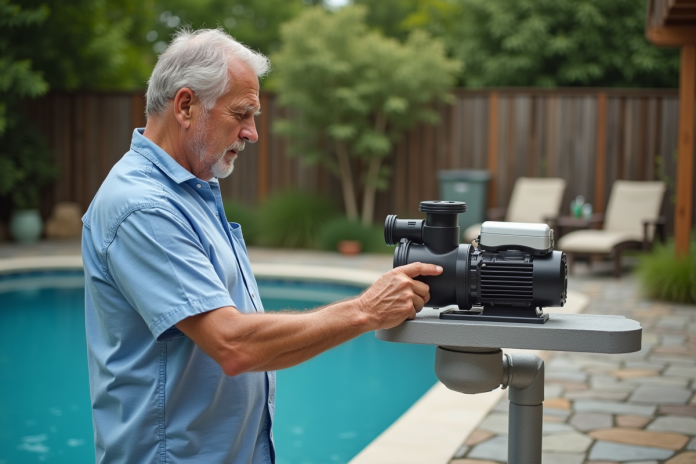 controle-pompe-piscine-exterieur Homme d'âge moyen vérifiant la pompe de piscine extérieure