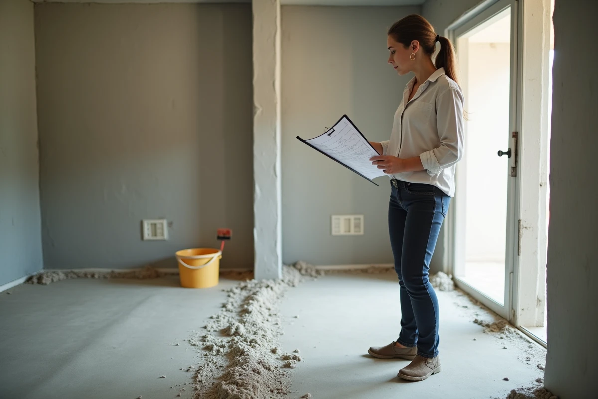 Cheffe de projet inspectant un ragréage partiellement séché dans un appartement en cours de rénovation
