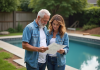Couple regardant devis pour piscine dans jardin