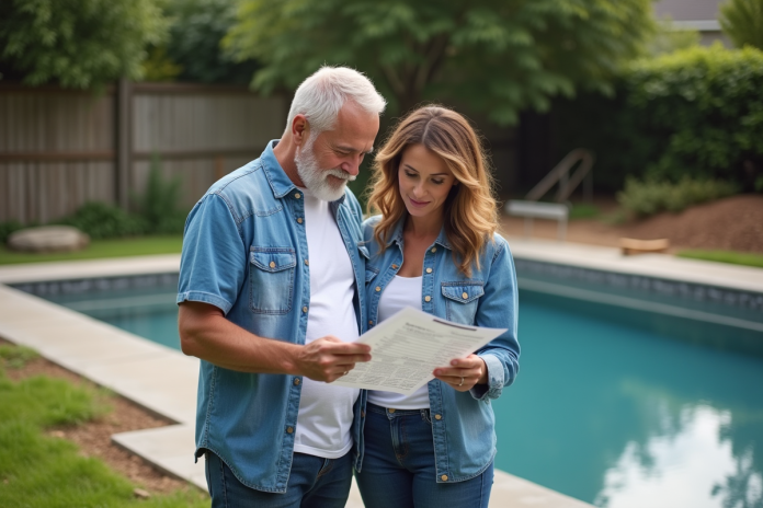 couple-chantier-piscine Couple regardant devis pour piscine dans jardin