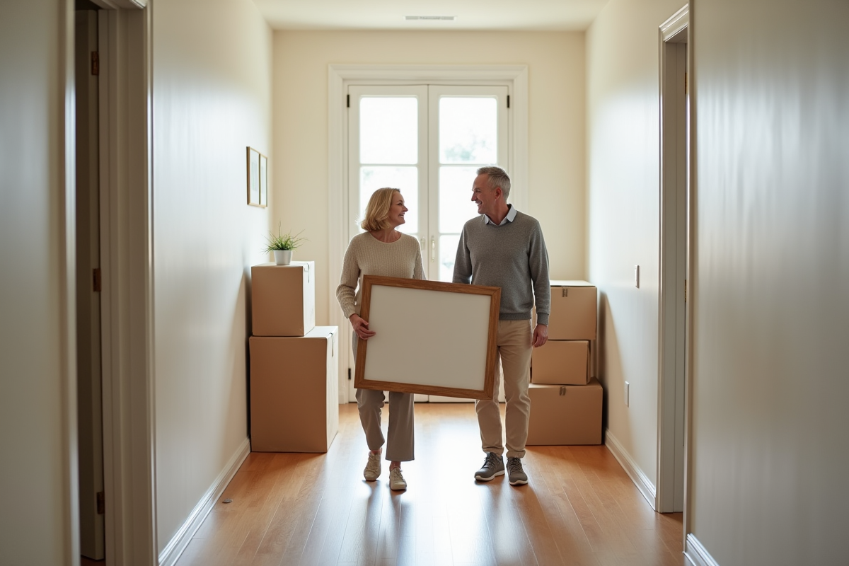 Couple discutant en portant un tableau dans un couloir lumineux