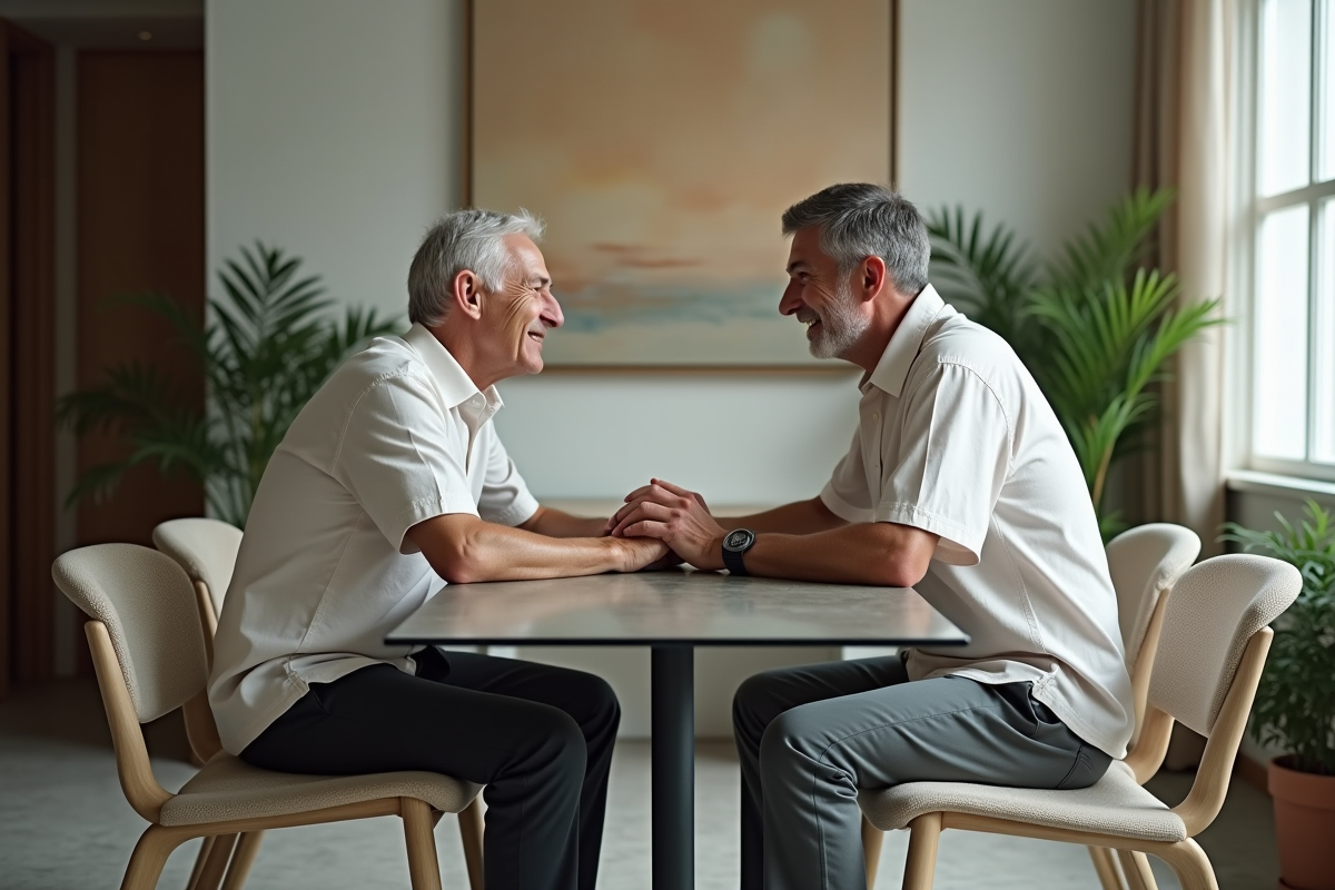 Couple souriant assis à une table en verre dans une salle à manger moderne