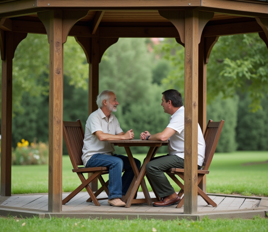 Couple assis sous un gazebo dans un jardin paisible
