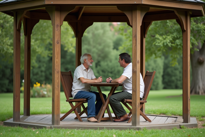 Couple assis sous un gazebo dans un jardin paisible