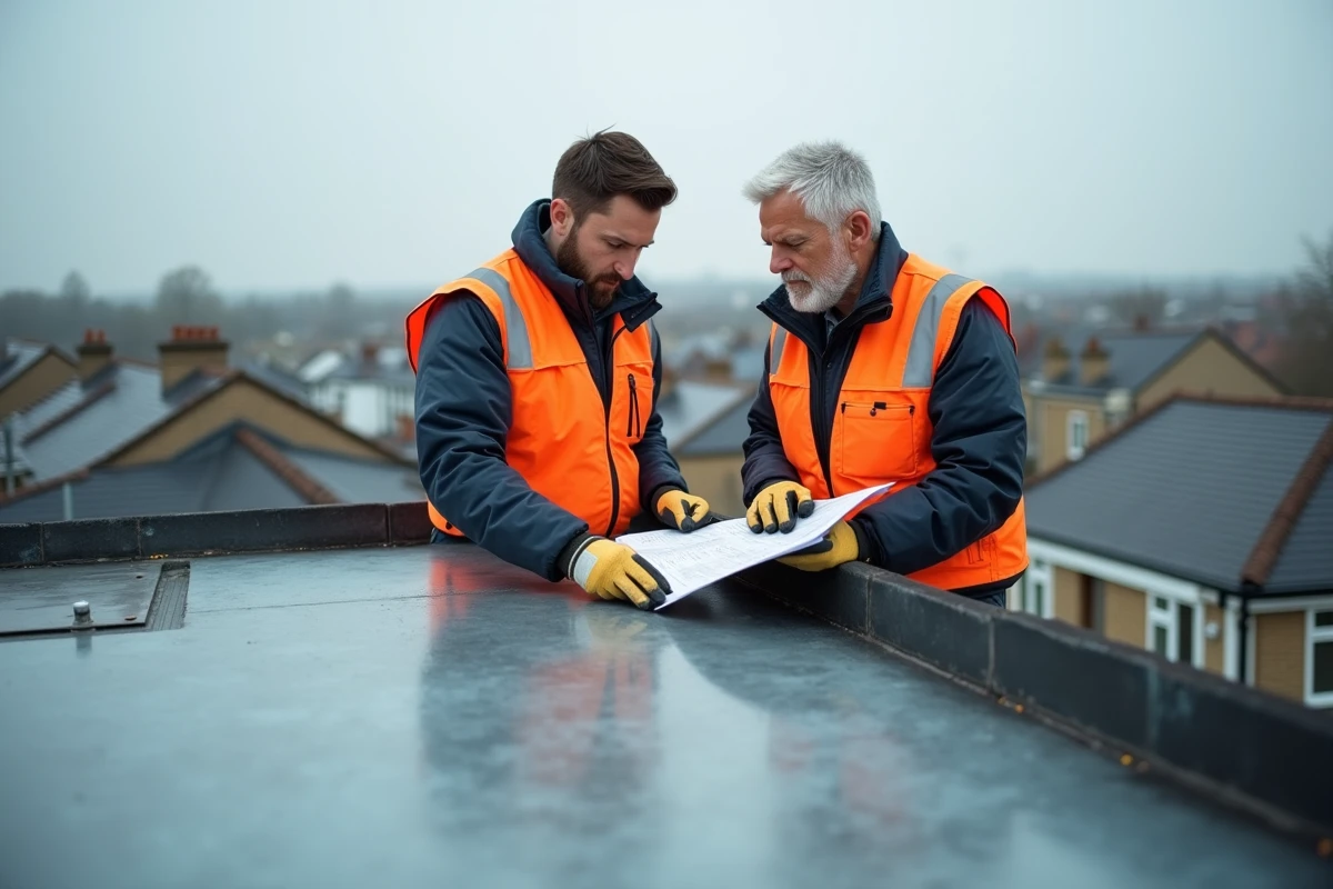 Deux couvreurs professionnels examinant un panneau de zinc patiné sur un chantier de toiture en milieu urbain
