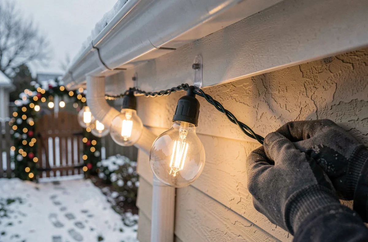 Gros plan sur un crochet adhésif fixant une guirlande lumineuse de Noël extérieure sur une gouttière sans perçage ni dommage à la façade
