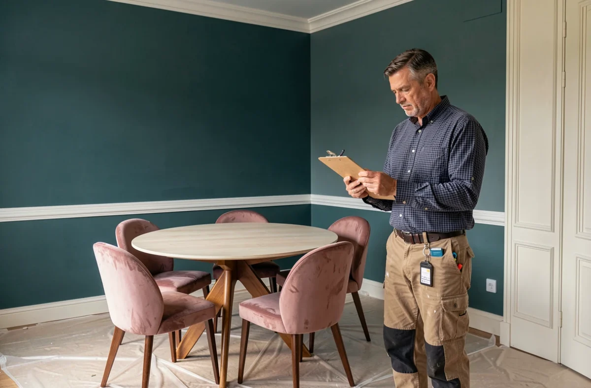 Spécialiste de la rénovation décorative dans le 77 inspectant une salle à manger rénovée avec murs en sarcelle et chaises en velours vieux rose