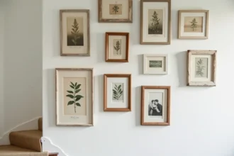 Mur de cage d'escalier décoré avec un collage de cadres botaniques et photos en noir et blanc dans un appartement français
