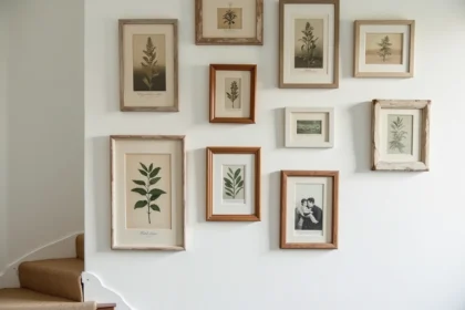 Mur de cage d'escalier décoré avec un collage de cadres botaniques et photos en noir et blanc dans un appartement français