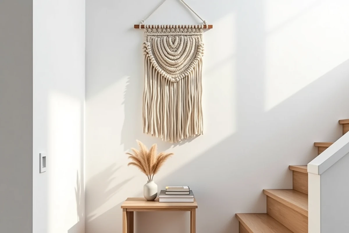 Mur de cage d'escalier scandinave décoré avec suspension macramé en coton naturel et console vintage avec herbes de la pampa