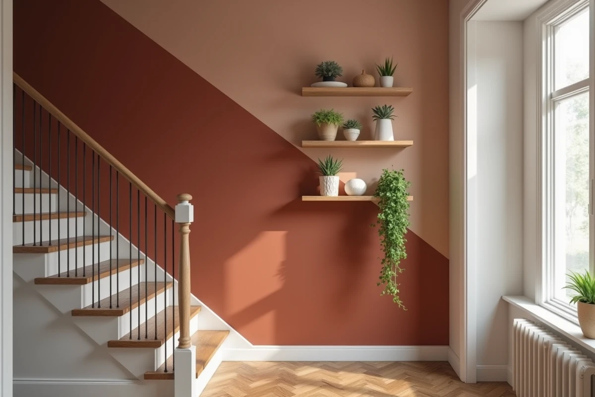 Mur cage escalier décoré avec peinture géométrique terracotta et étagères flottantes avec plantes succulentes