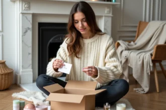 Jeune femme parisienne découvrant le contenu de sa Box Que J'adore Paris entourée de produits lifestyle et beauté sur un parquet en chêne