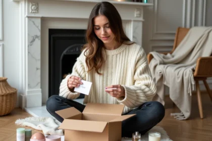 Jeune femme parisienne découvrant le contenu de sa Box Que J'adore Paris entourée de produits lifestyle et beauté sur un parquet en chêne