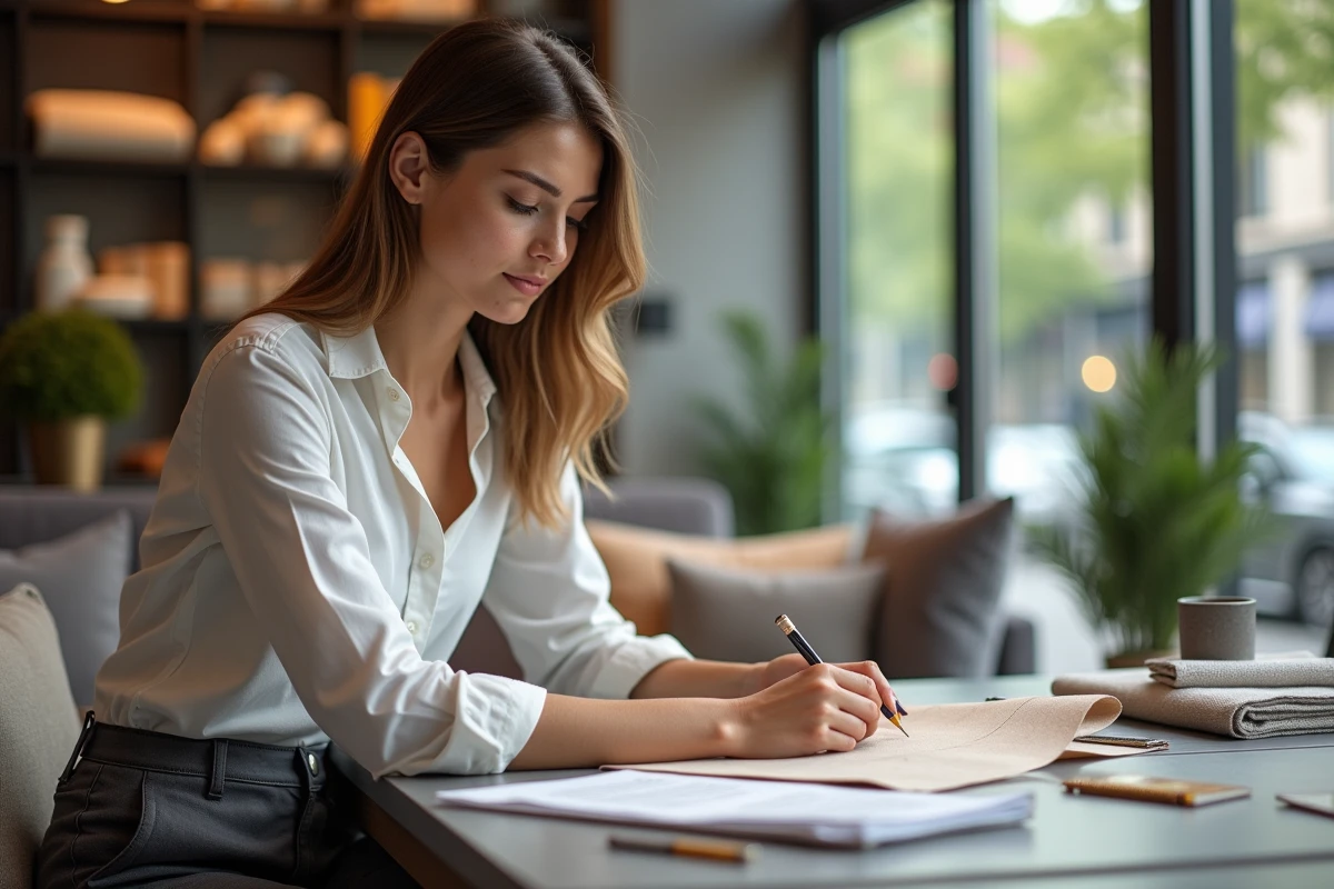 Jeune designer intérieur examinant des échantillons de tissu