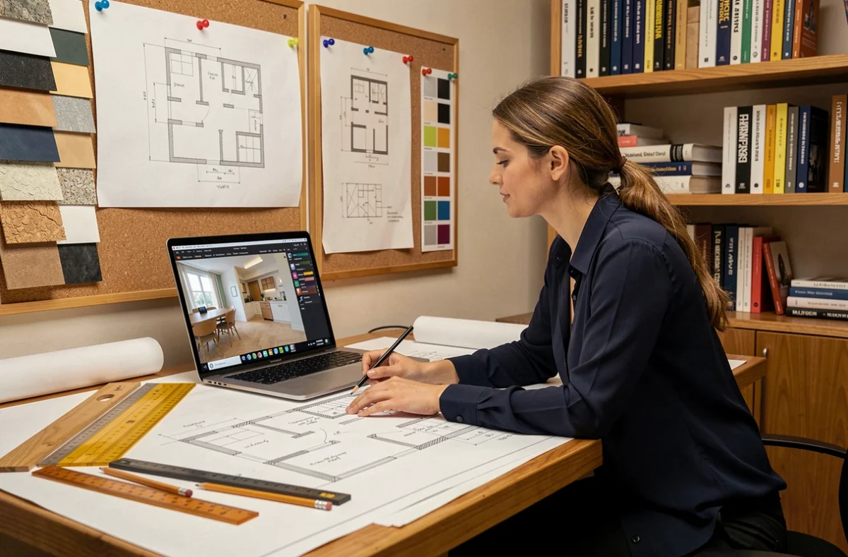 Dessinatrice en architecture d'intérieur travaillant sur des plans techniques détaillés dans un studio de conception avec échantillons de matériaux