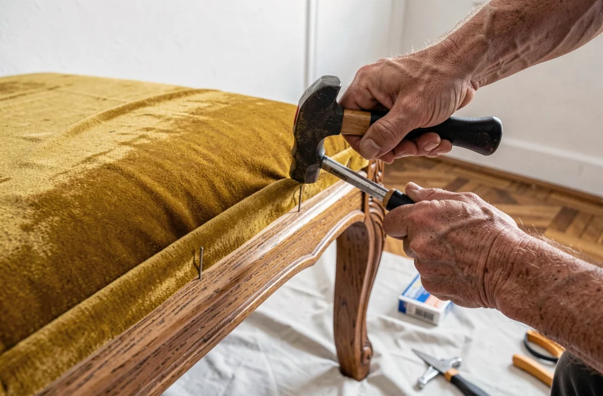 Gros plan sur des mains clouant le galon décoratif d'un fauteuil Voltaire en velours moutarde