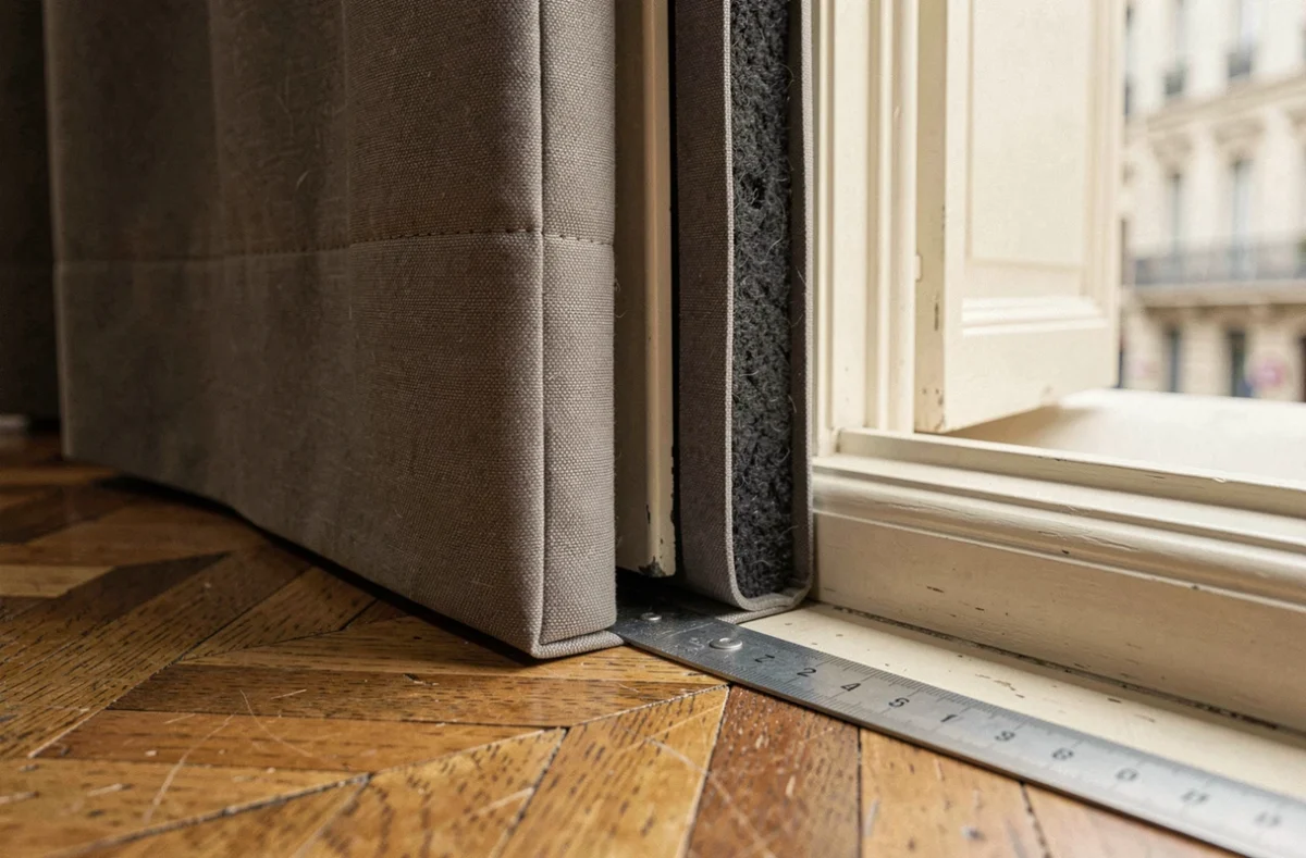 Détail du bord inférieur d'un rideau thermique installé au sol avec mesure de recouvrement sur fenêtre ancienne