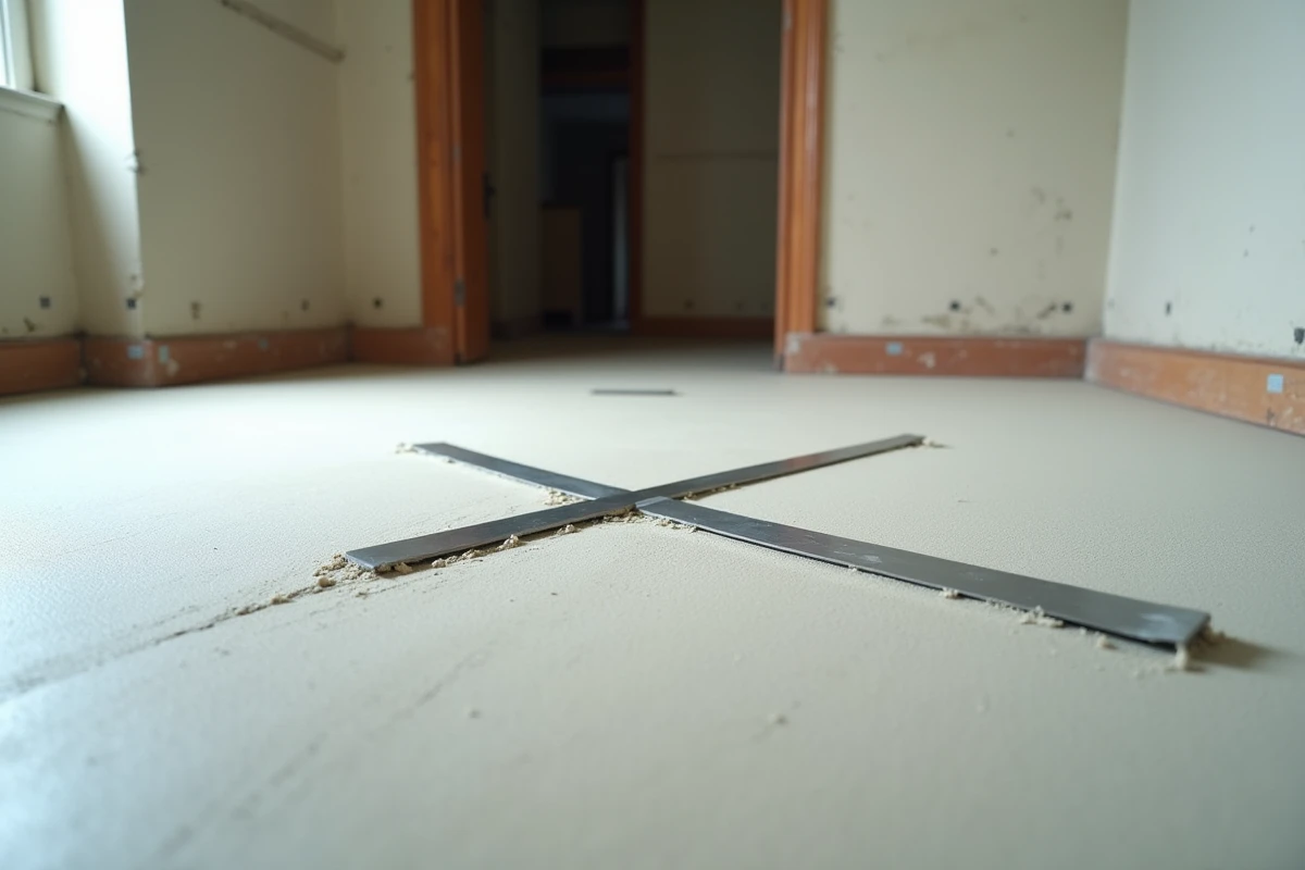 Détail d'une surface de ragréage nivelé avec une règle métallique dans une pièce en rénovation lourde