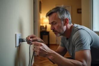 Homme diagnostiquant une prise téléphonique murale en examinant le connecteur RJ11 dans un couloir d'appartement