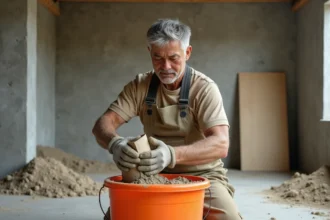 Ouvrier versant un sac de ciment dans un seau pour calculer le dosage d'une chape