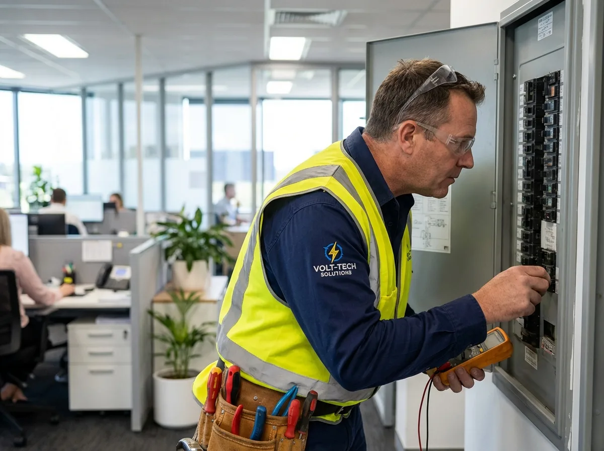 Photographie d'un électricien professionnel inspectant un panneau électrique dans un bureau moderne