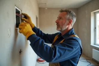 Électricien inspectant une prise araignée pré-câblée sur un boîtier de plafond dans un appartement en rénovation