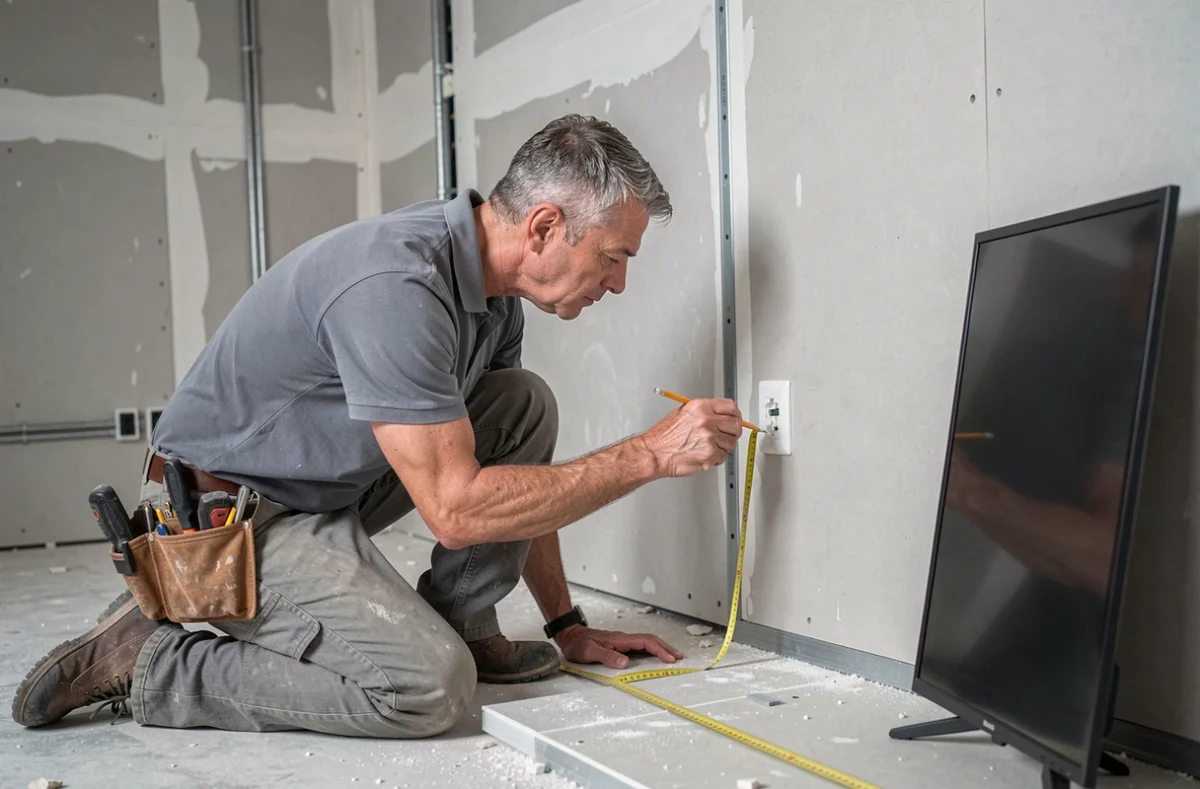 Électricien mesurant l'emplacement idéal d'une prise TV encastrée dans un mur en placo lors de travaux de rénovation