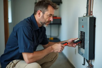 Électricien inspectant un tableau électrique résidentiel avec un testeur de tension, circuit électrique domestique