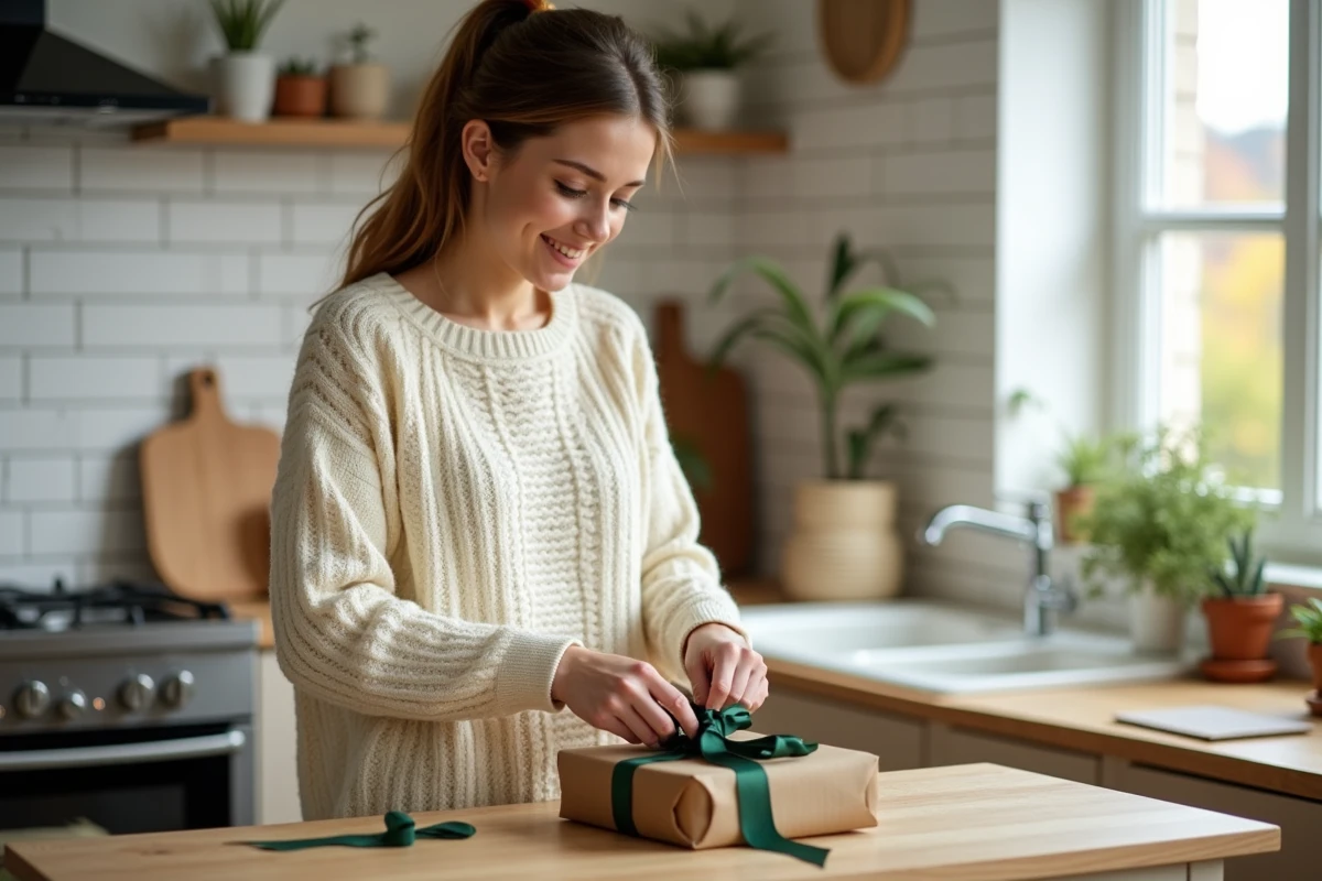 Jeune femme emballant un coffret whisky cadeau pour la fête des pères dans une cuisine scandinave