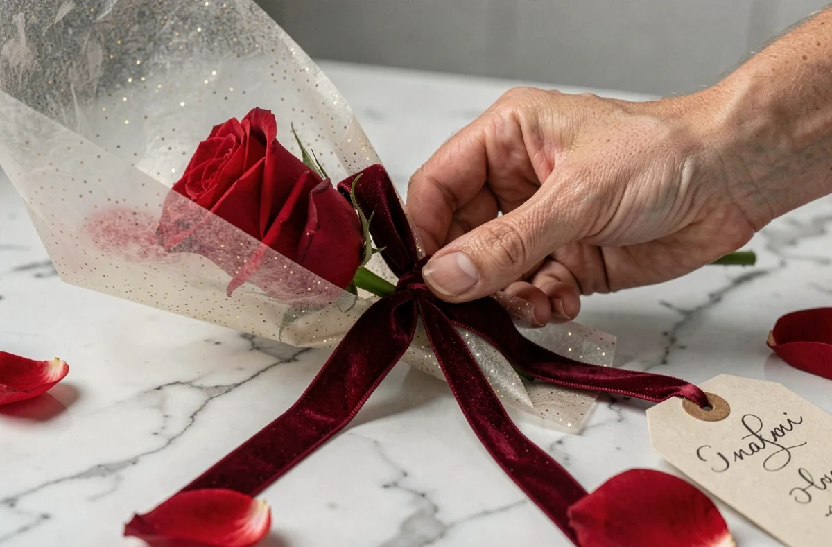 Mains féminines emballant une rose rouge dans du papier vélin doré avec ruban velours bordeaux pour un cadeau Belle et la Bête