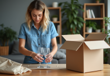 Protéger les verres de déménagement : astuces et conseils pratiques Femme emballant des verres en cristal dans un appartement