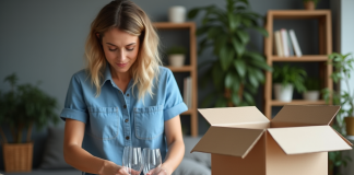 Protéger les verres de déménagement : astuces et conseils pratiques Femme emballant des verres en cristal dans un appartement