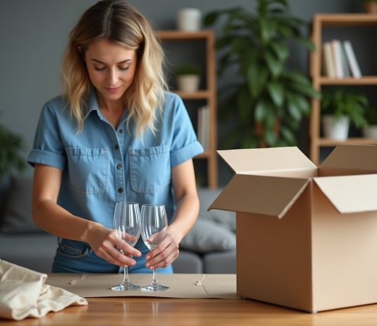 Protéger les verres de déménagement : astuces et conseils pratiques Femme emballant des verres en cristal dans un appartement