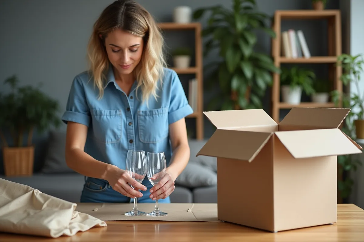 Femme emballant des verres en cristal dans un appartement