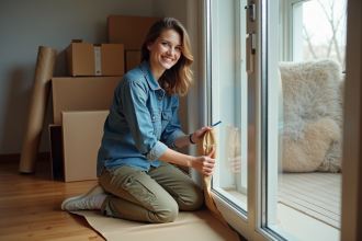 Jeune femme emballant un grand verre pour déménagement