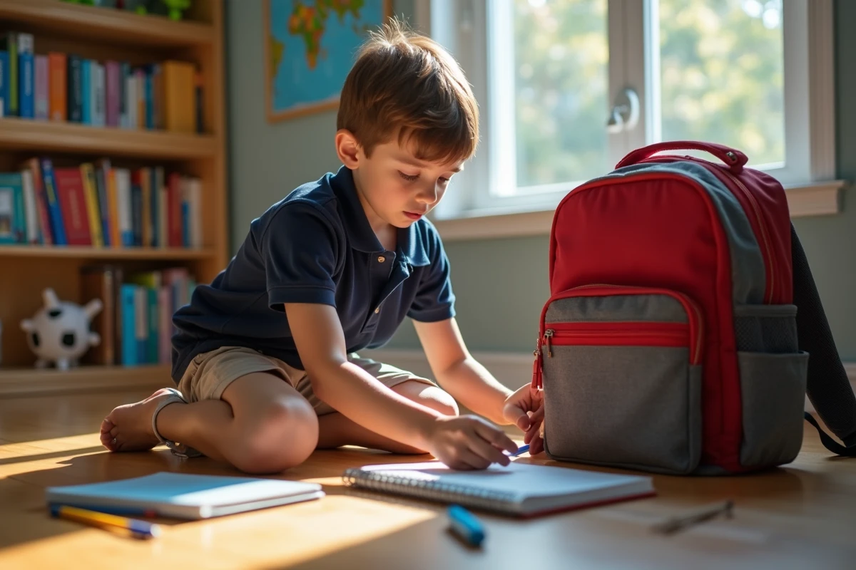 Enfant préparant son cartable avec fournitures scolaires dans sa chambre avant la rentrée