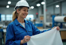Ingénieure femme en combinaison bleue examine textile ignifuge