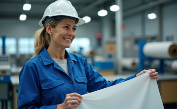 Matière ignifuge : Quelle choisir pour résister au feu ? Ingénieure femme en combinaison bleue examine textile ignifuge