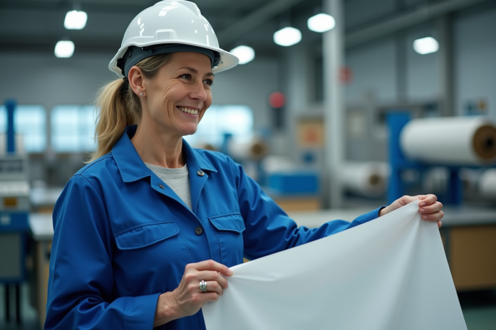 enginere-femme-equipement-textile Ingénieure femme en combinaison bleue examine textile ignifuge