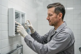 Technicien appliquant un produit d'entretien Clinside sur une grille de VMC dans une salle de bain carrelée