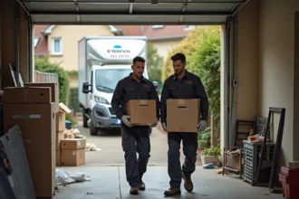Équipe professionnelle de débarras garage chargeant des objets encombrants dans un camion devant une maison résidentielle