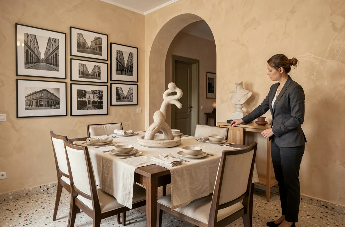 Scénographe et architecte d'intérieur finalisant la mise en scène d'une salle à manger stylisée avec galerie de photos et console design