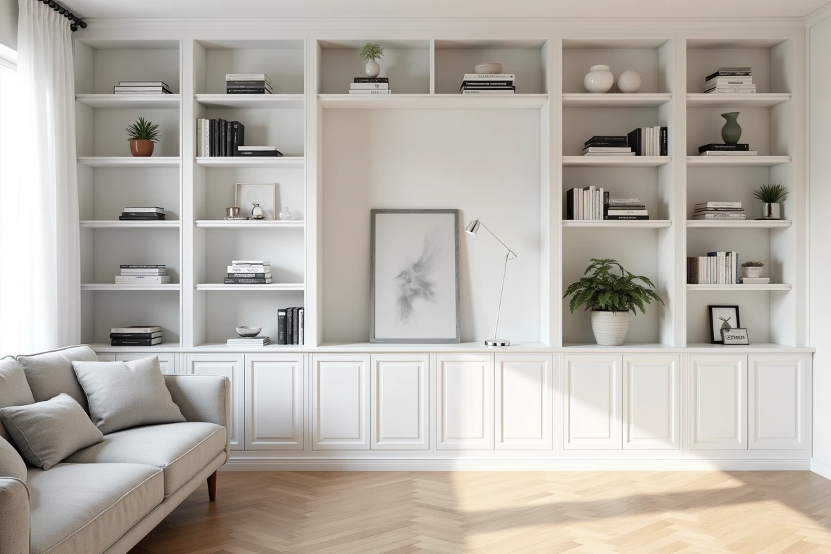 Étagère classique intégrée mur entier dans un salon scandinave minimaliste blanc avec canapé en lin gris