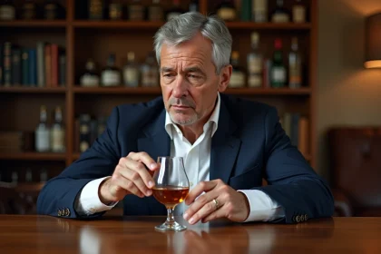 Expert en whisky dégustant un whisky ambré dans un salon élégant