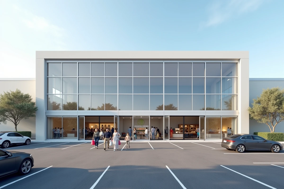 Façade extérieure d'un grand magasin de canapés et fauteuils dans la zone commerciale de Plan de Campagne entre Marseille et Aix-en-Provence, avec parking et entrée principale