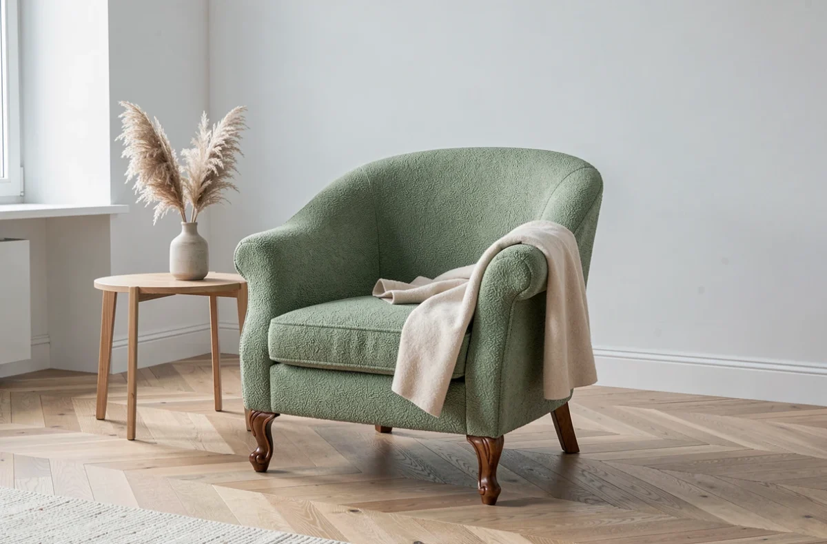 Fauteuil Voltaire retapissé en tissu bouclé vert sauge dans un salon scandinave contemporain