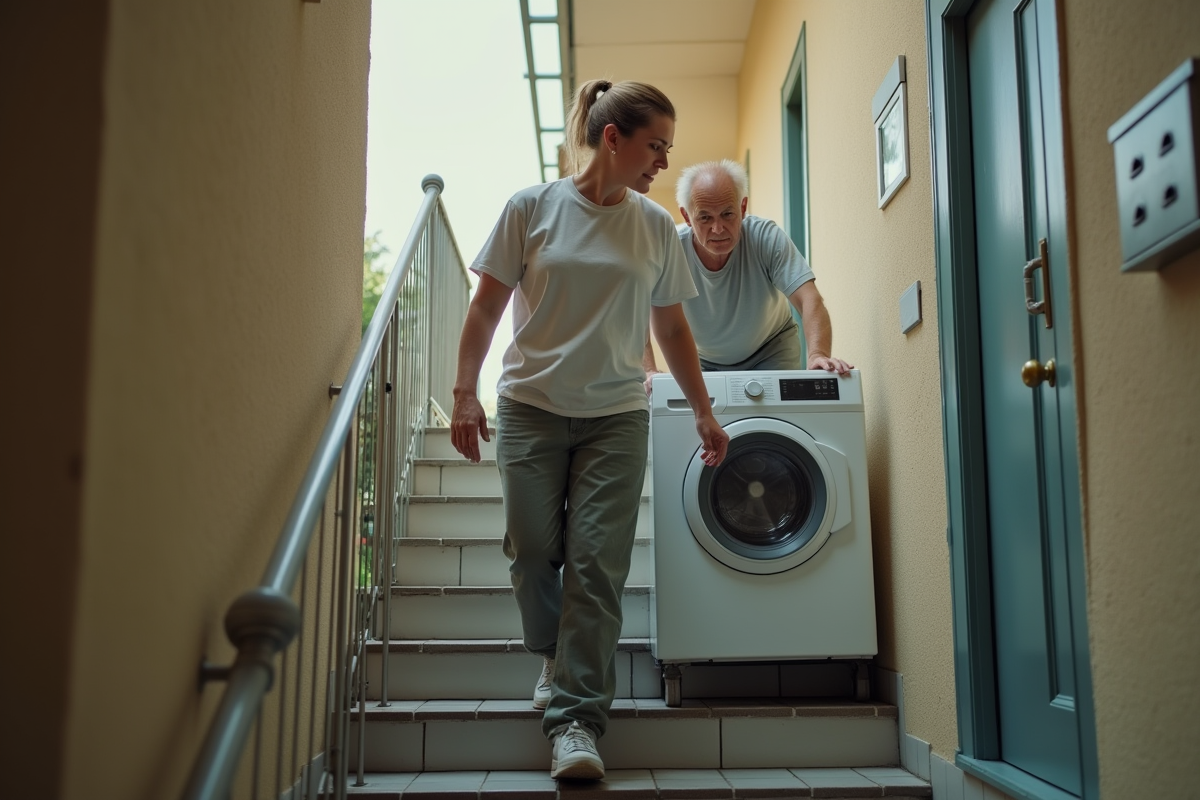 Jeune femme aidant un homme à descendre un lave-linge dans un immeuble