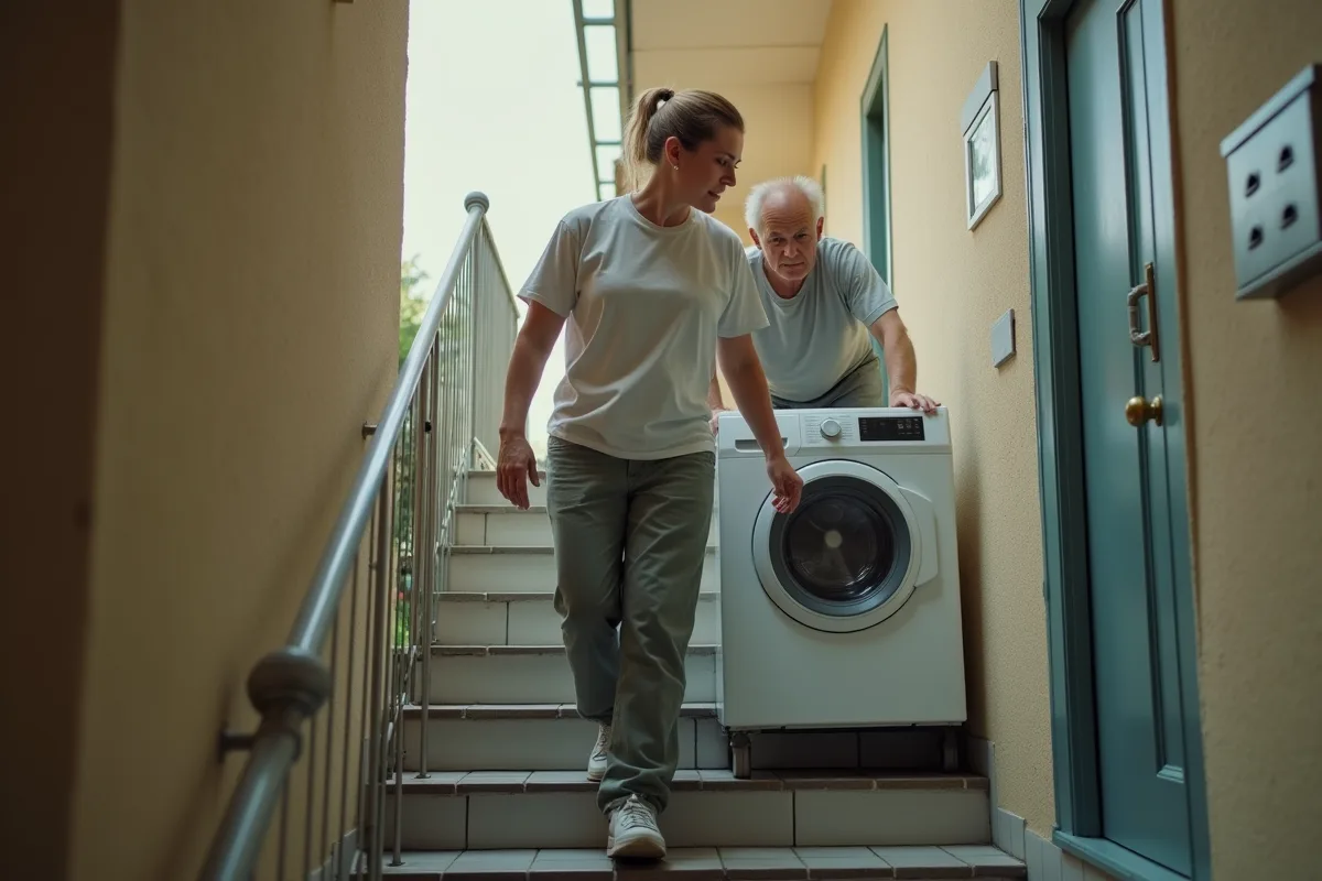 Jeune femme aidant un homme à descendre un lave-linge dans un immeuble